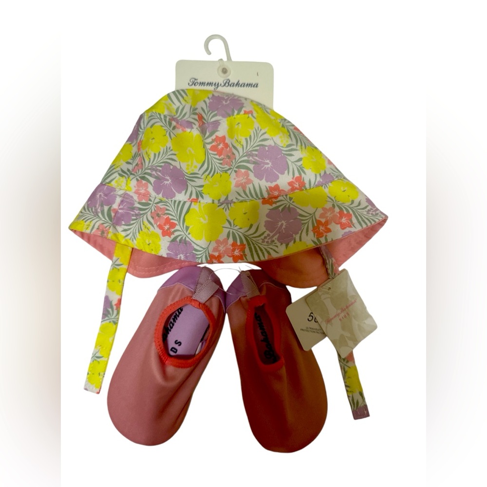 Tommy Bahama Girl Floral And Pink Shoes And Hat 50+UPF.  Size L/